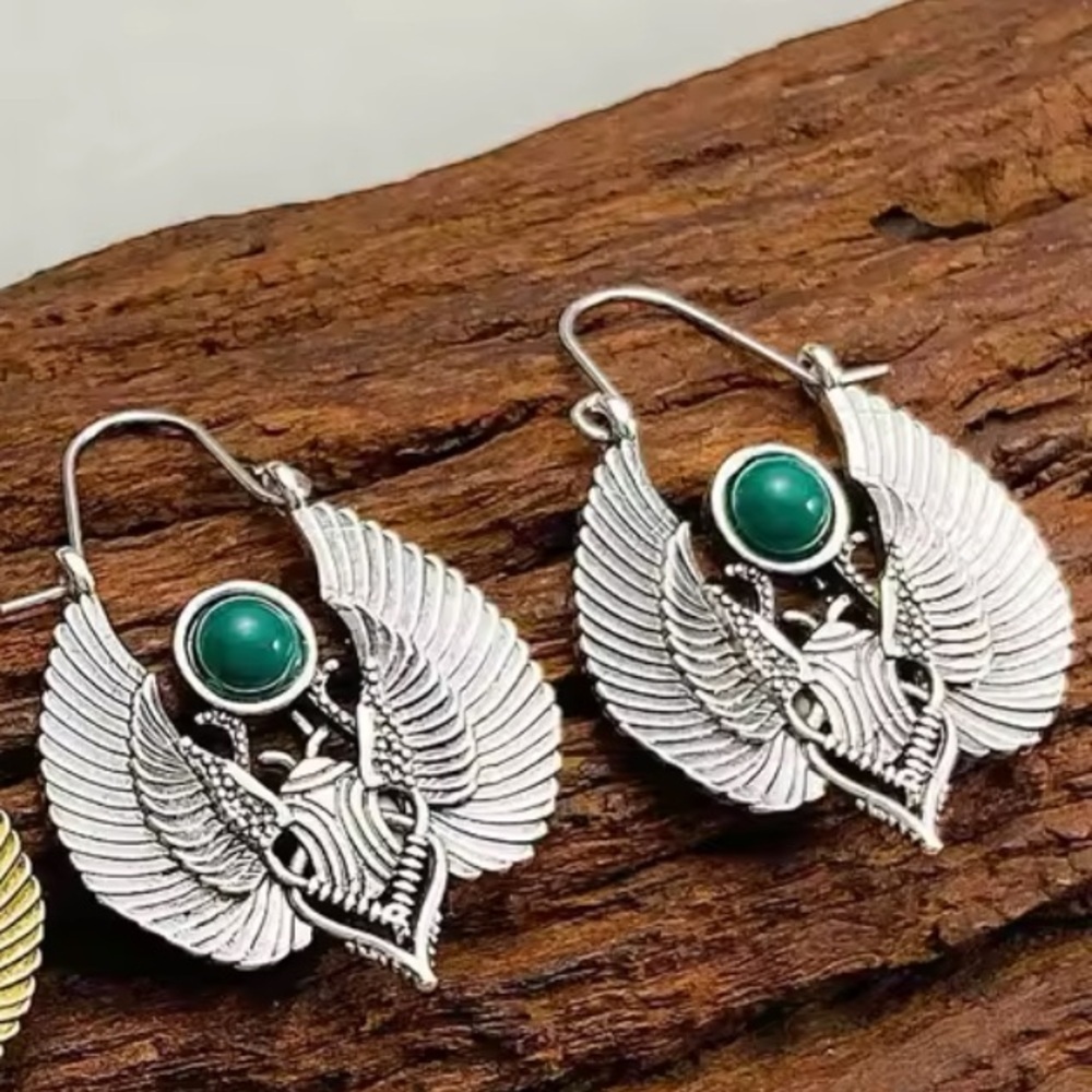 Vintage Egyptian Sacred Wings & Moth Antique Silver Dangle Earrings - Picture 3 of 5